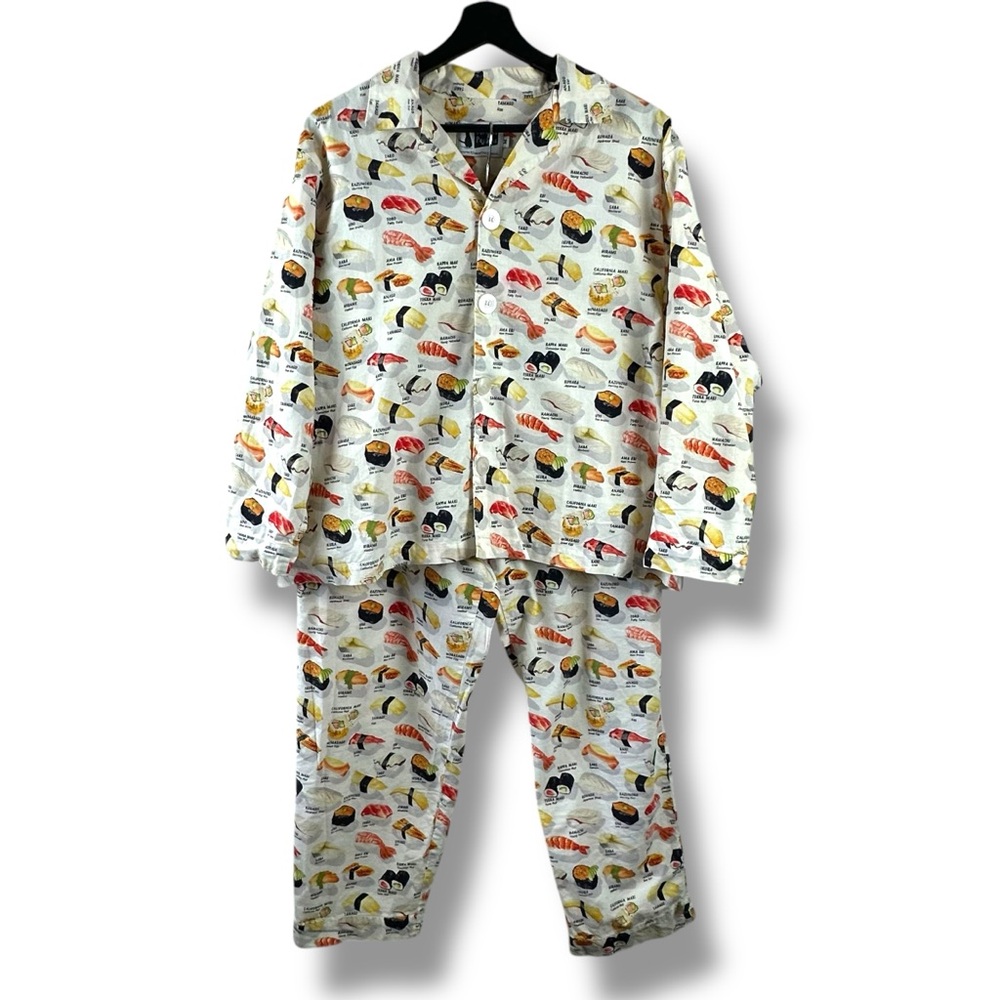 The Cats Pajamas Size M Sushi Cotton PJ Set White Sashimi Asian Novelty Print